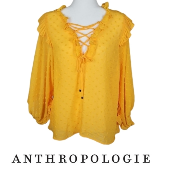 Anthropologie Longsleeve Yellow Dot Ruffle Crisscross Blouse, M - Picture 1 of 9
